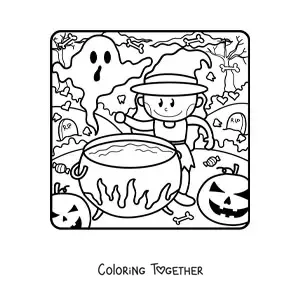 Coloring page of a cartoon witch with a cauldron and ghost