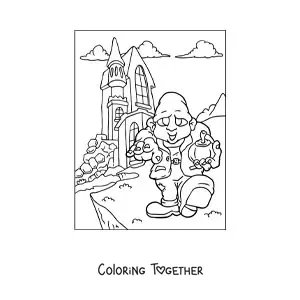 Coloring page of a zombie with a haunted Halloween house