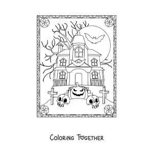 Coloring page of a spooky haunted house with a Halloween pumpkin