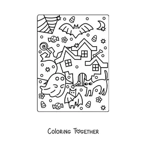 Coloring page of a kawaii haunted house with a cat and Halloween candy