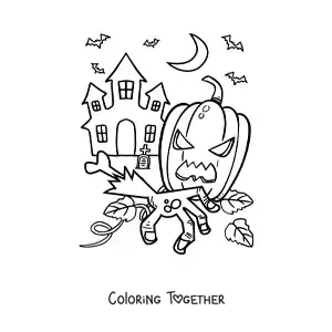 Coloring page of a big haunted house with a Halloween pumpkin and bats
