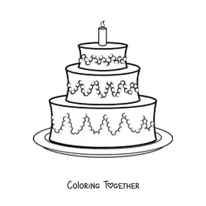 Coloring page of a three-tier birthday cake