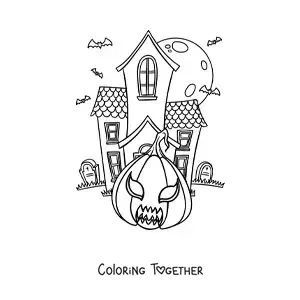 Coloring page of a big haunted house with a Halloween pumpkin and graves