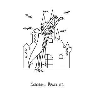 Coloring page of a monster with a haunted Halloween castle