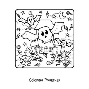 Coloring page of a haunted mansion with monsters and Halloween pumpkins