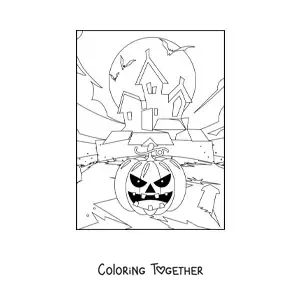 Coloring page of a spooky Halloween pumpkin with a haunted mansion