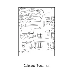 Coloring page of a simple Halloween haunted house