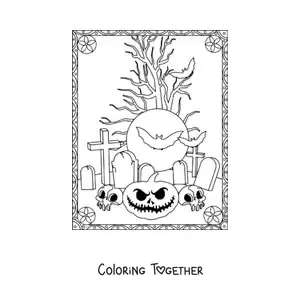 Coloring page of bat silhouettes with spooky Halloween pumpkins