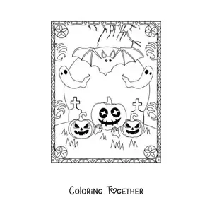 Coloring page of bats with ghosts and spooky Halloween pumpkins