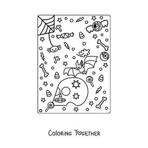 Coloring page of a cartoon bat with a spider and a Halloween skull