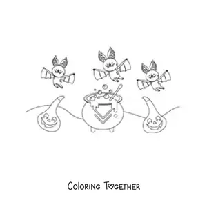 Coloring page of bats with a witch's cauldron and a Halloween pumpkin