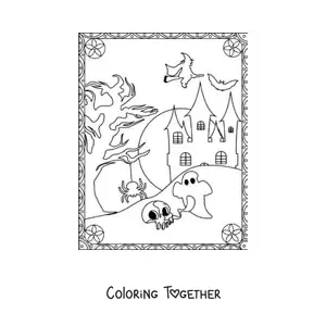 Coloring page of a bat flying next to a haunted house