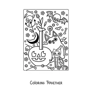 Coloring page of a bat with a skull and a cat on Halloween