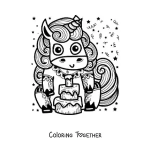 Coloring page of a cartoon unicorn with a birthday cake