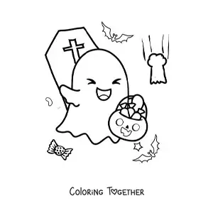 Coloring page of a kawaii ghost with Halloween candy