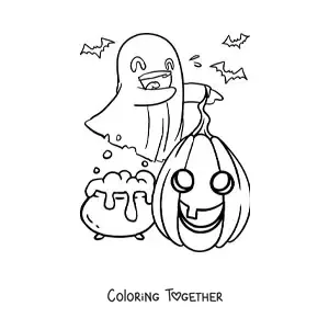Coloring page of a cute ghost with a Halloween pumpkin