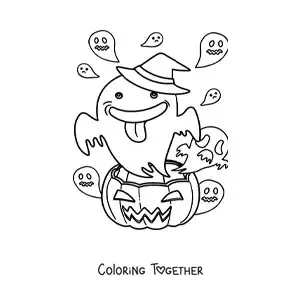 Coloring page of a cartoon ghost with a Halloween pumpkin