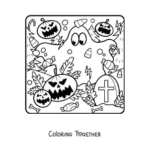 Coloring page of a funny ghost with Halloween pumpkins