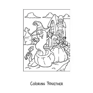 Coloring page of a cartoon ghost with a witch hat and a haunted house