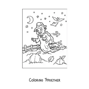Coloring page of a cartoon ghost in a pumpkin patch