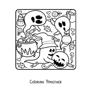 Coloring page of a ghost with a witch hat and a cauldron