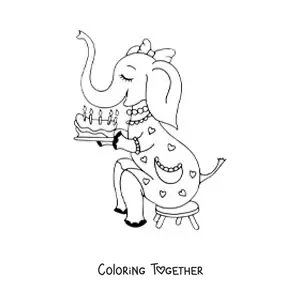 Coloring page of a cartoon elephant with a birthday cake