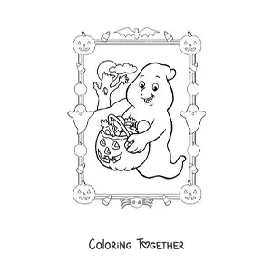 Coloring page of a cartoon ghost with Halloween candy