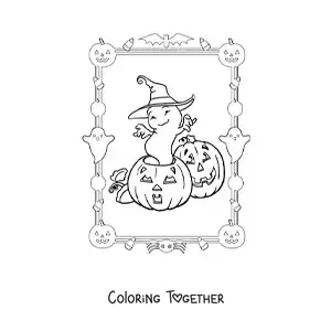 Coloring page of a cartoon ghost with a witch hat on Halloween