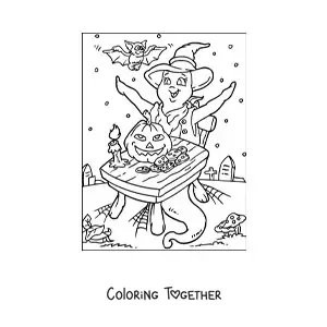 Coloring page of a cartoon ghost with a Halloween pumpkin and bats