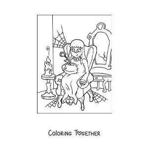 Coloring page of a realistic ghost in a haunted house