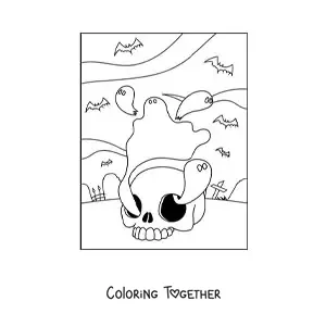 Coloring page of scary ghosts with a skull