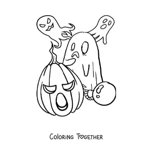 Coloring page of ghosts and a child dressed as a ghost on Halloween