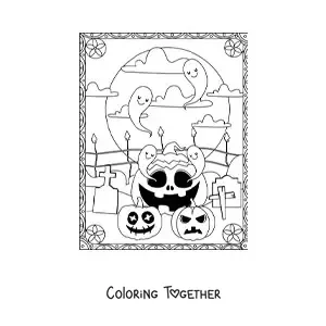 Coloring page of ghosts with scary Halloween pumpkins