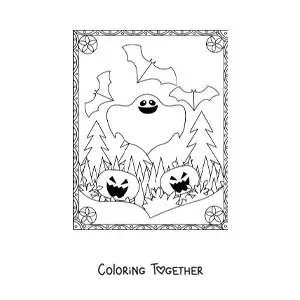 Coloring page of a ghost with scary Halloween pumpkins and bats
