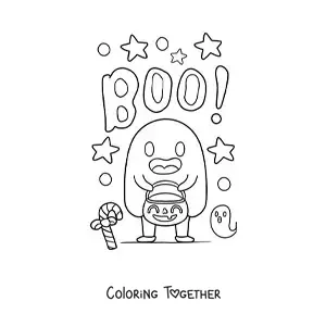 Coloring page of a child dressed as a ghost on Halloween