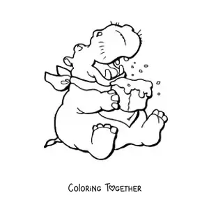 Coloring page of a cartoon hippo eating a cake