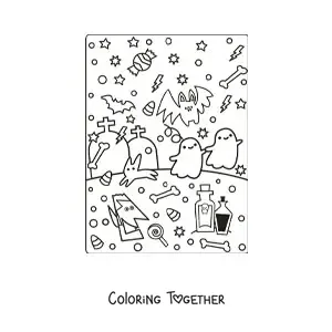 Coloring page of kawaii ghosts with Halloween candy and bats