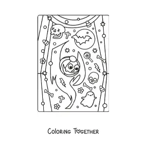 Coloring page of a kawaii ghost with a Halloween pumpkin and candy