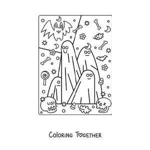 Coloring page of cartoon ghosts with a kawaii bat
