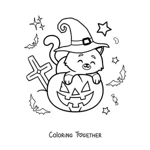 Coloring page of a kawaii cat with a witch hat and a Halloween pumpkin