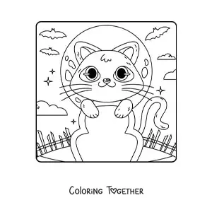 Coloring page of a kawaii cat on a grave on Halloween