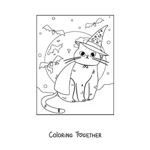 Coloring page of a kawaii cat with a witch hat and bats