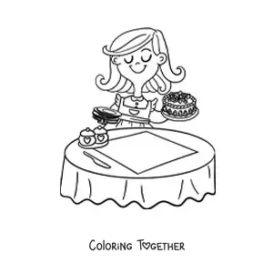 Coloring page of a mom setting a cake on a table