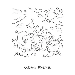 Coloring page of a kawaii cat biting a Halloween pumpkin