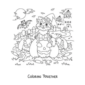 Coloring page of a kawaii cat with a witch hat sitting on a Halloween pumpkin