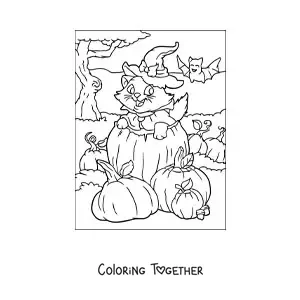 Coloring page of a kawaii cat with a witch hat inside a Halloween pumpkin