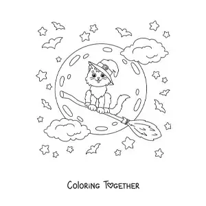 Coloring page of a kawaii cat with a witch hat flying on a broom