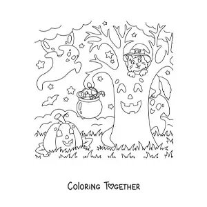 Coloring page of a kawaii cat with a witch hat on a spooky tree