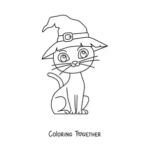 Coloring page of a big Halloween cat with a witch hat