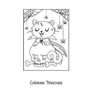 Coloring page of a vampire cat with a skull and spiderwebs